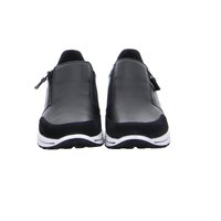 Black and gray slip-on shoes with side zippers, white midsoles, and black outsoles, shown from the front on a white background.