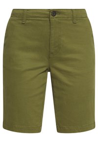 Vihreät puuvillaiset twill-shortsit suoralla leikkauksella, joissa on edessä napitettava suljenta ja vyölenkit. Sileä pinta, polven mittainen malli.