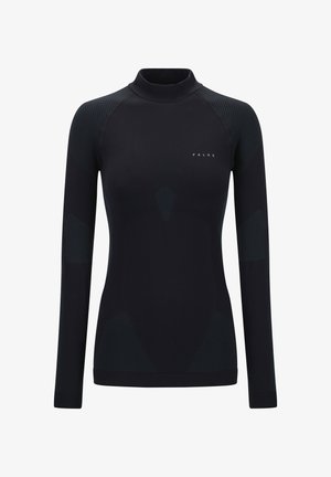 Langärmliges schwarzes Thermoshirt mit hohem Kragen, das kontrastierende strukturierte Akzente und einen figurbetonten Schnitt aufweist. Logo auf der Brust gedruckt.