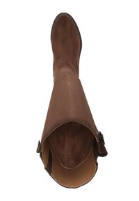 Bruine kniehoge laars met een zachte, suede-achtige textuur, licht uitlopende bovenkant en een zijbuckle-detail. Glad interieurafwerking.