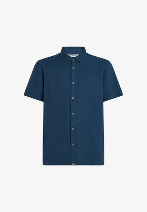 Lühikeste varrukatega tumesinist triiksärki krae ja tekstuurse kangaga, valgel taustal eksponeeritud.