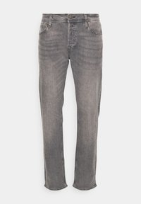Gray denim jeans with a straight-leg fit, featuring front and back pockets, a button closure, and subtle fading along the fabric.
