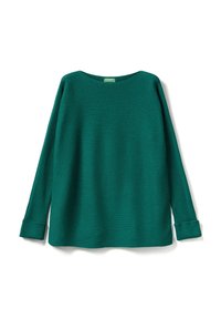 Maglione verde a coste con scollo ampio e maniche lunghe, caratterizzato da una vestibilità comoda e polsini delle maniche a cuffia. Morbido al tatto e con colore uniforme.