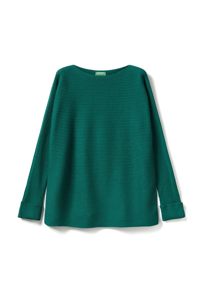 Maglione verde a coste con scollo ampio e maniche lunghe, caratterizzato da una vestibilità comoda e polsini delle maniche a cuffia. Morbido al tatto e con colore uniforme.