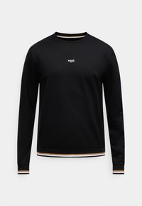 Juodas medvilninis džemperis su apvalia iškirpte, ilgomis rankovėmis ir ribinėmis rankogaliais. Išskirtinis BOSS logotipas ir dryžuoti akcentai apačioje.