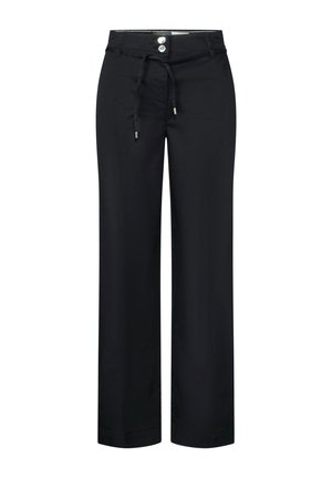 Zwarte wijde pantalons van gladde stof, met een trekkoord in de taille, twee knopen aan de voorkant en rechte zoom.