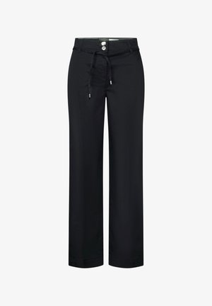 Czarne spodnie w szerokim kroju wykonane z gładkiego materiału, z elastycznym paskiem, dwoma przednimi guzikami i prostymi nogawkami.