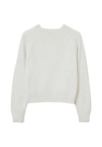 Weißer Strickpullover mit geripptem Saum und Bündchen, Crew-Halsausschnitt und strukturiertem Stoff. Gerade geschnitten, mittelschwer.