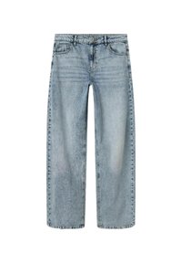 Jean large taille haute bleu clair en denim, avec poches avant, passants de ceinture et un léger délavage pour des détails de texture.