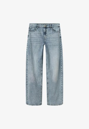 Jean large taille haute bleu clair en denim, avec poches avant, passants de ceinture et un léger délavage pour des détails de texture.