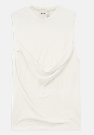 White sleeveless top with a draped detail in the front, made of soft, lightweight fabric. Features a round neckline and a relaxed fit.