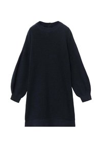 Vestito a maglia blu scuro con scollatura a girocollo, maniche lunghe e voluminose, e una vestibilità leggermente oversize. Presenta una texture morbida.