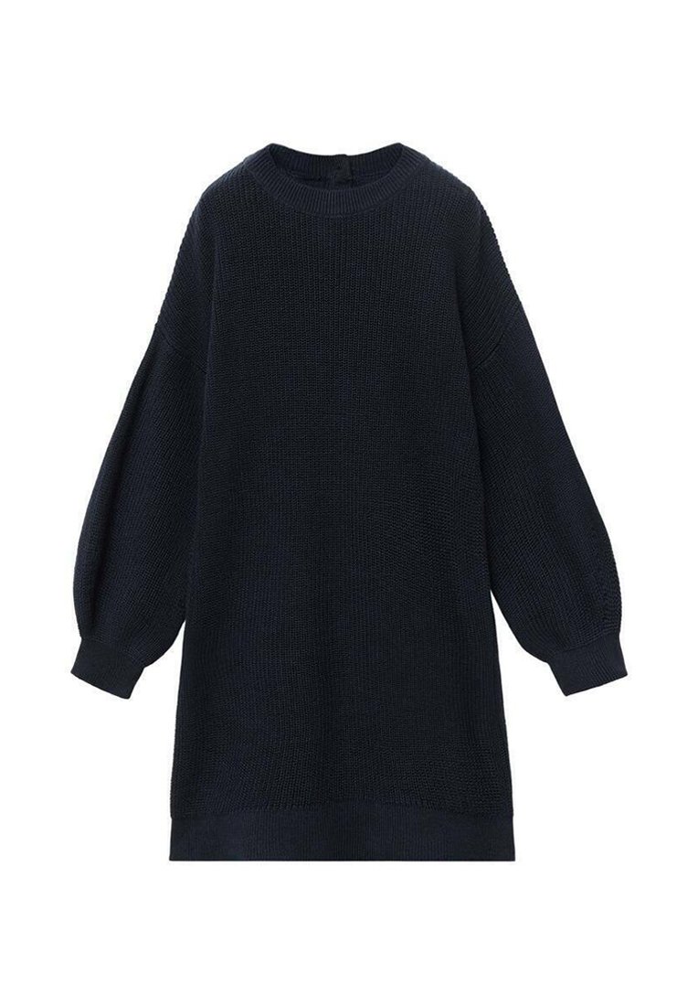 Vestito a maglia blu scuro con scollatura a girocollo, maniche lunghe e voluminose, e una vestibilità leggermente oversize. Presenta una texture morbida.
