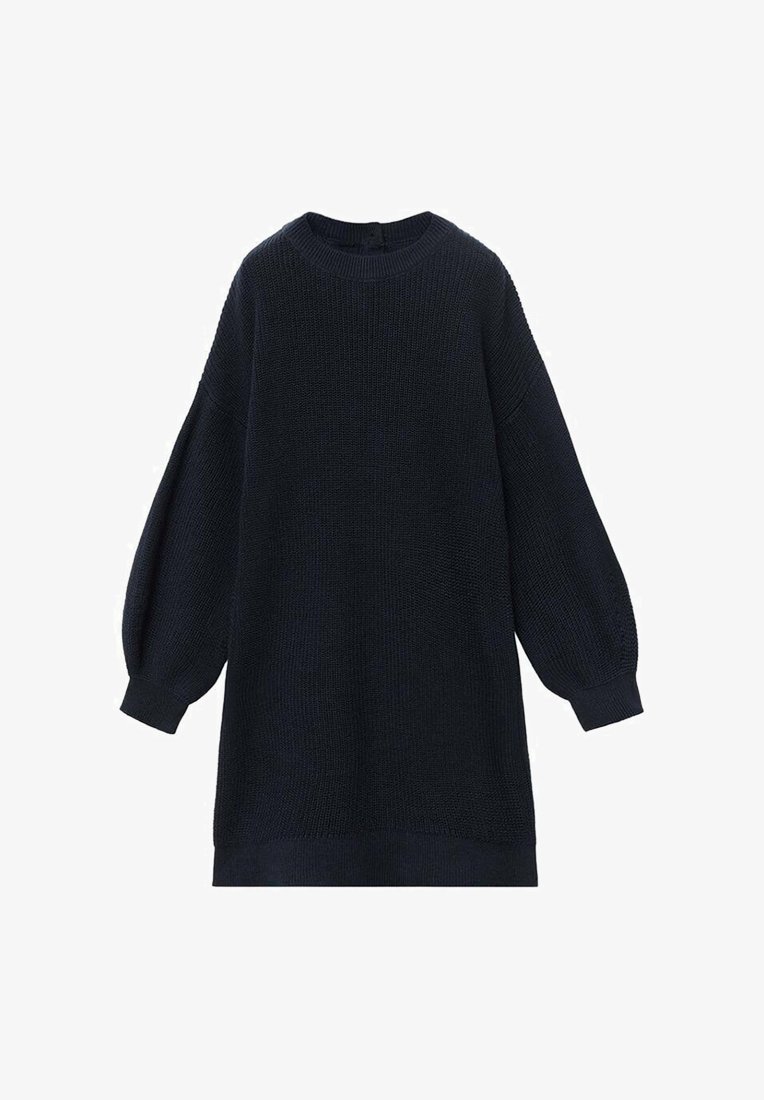 Vestito a maglia blu scuro con scollatura a girocollo, maniche lunghe e voluminose, e una vestibilità leggermente oversize. Presenta una texture morbida.