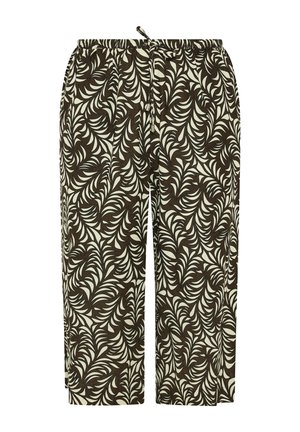 Pantalones sueltos con patrón de hojas marrón y blanco, con cintura elástica y cordón ajustable.