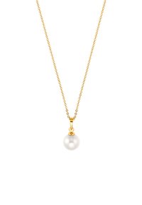 Collana in oro con un pendente a perla bianca rotonda. La perla è liscia con una superficie lucida, sospesa da un semplice gancio.