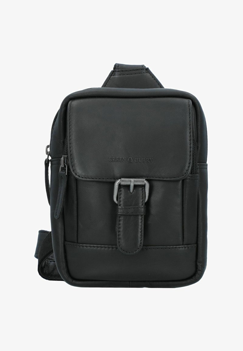 Borsa a tracolla in pelle nera con chiusura zip, tracolla regolabile e un accento con fibbia frontale. Texture liscia, forma rettangolare compatta.