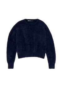 Granatowy, puszysty sweter z okrągłym dekoltem, długimi rękawami i skróconym fasonem. Posiada miękką fakturę oraz ściągacze przy mankietach i dolnej krawędzi.