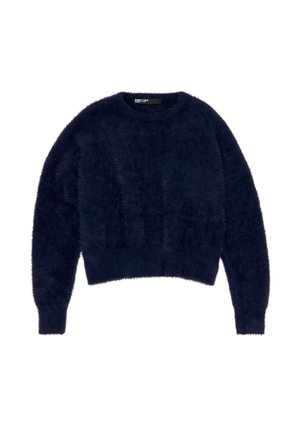 Granatowy, puszysty sweter z okrągłym dekoltem, długimi rękawami i skróconym fasonem. Posiada miękką fakturę oraz ściągacze przy mankietach i dolnej krawędzi.