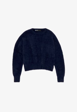 Granatowy, puszysty sweter z okrągłym dekoltem, długimi rękawami i skróconym fasonem. Posiada miękką fakturę oraz ściągacze przy mankietach i dolnej krawędzi.