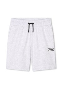 Lichtgrijze shorts met een overal geweven DKNY-logo patroon, elastische tailleband, verstelbare zwarte trekkoord en een zijlabel van het merk.