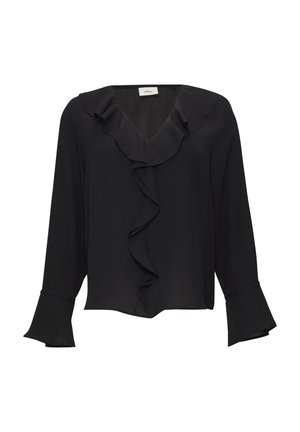 Blouse noire en tissu lisse avec un col froncé, des manches longues à volants et un design court.