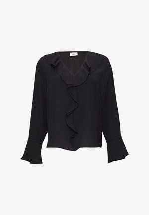 Blouse noire en tissu lisse avec un col froncé, des manches longues à volants et un design court.