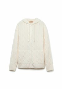 Krämfärgad kabelstickad huvtröja med dragkedja framtill, två framfickor och ribbade muddar. Mjuk känsla med en något oversized passform.