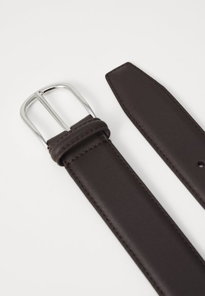 Brown leather belt featuring a silver double-prong buckle, smooth texture, tapered end, and visible stitching along the edges.