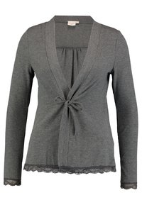 Grå rippad stickad cardigan med långa ärmar, knytband framtill och spetskant på fållen och ärmsluten.