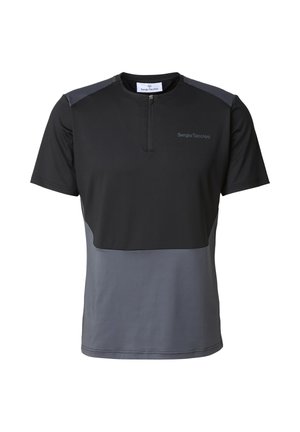 Męska sportowa koszulka z krótkim rękawem Sergio Tacchini, górna połowa czarna, dolna połowa szara, przedni zamek błyskawiczny, nazwa marki na piersi.