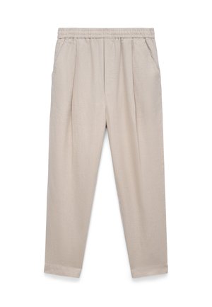 Beige Freizeithose mit elastischem Bund, Seitentaschen, geraden Hosenbeinen und dezenten Falten an der Vorderseite.