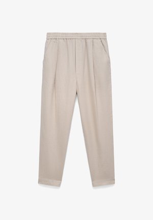 Beige casual pants with elastic waistband, side pockets, straight cut legs, and subtle pleats at the front.