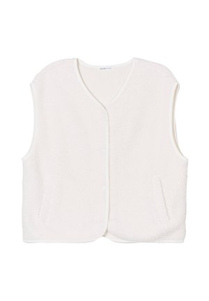 White fleece vest with a v-neck, button closures, and two front pockets. Soft texture, rounded hem, and contrasting trim along edges.