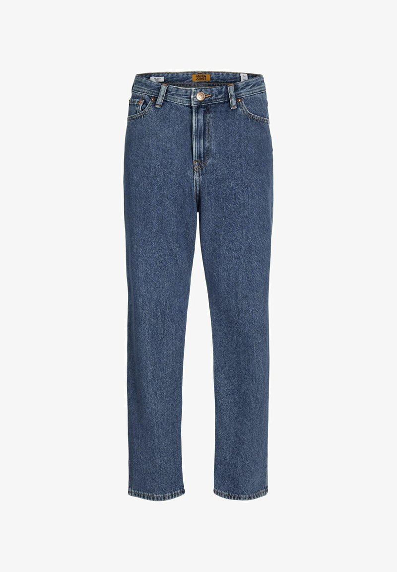 Blue denim jeans with a high waist, straight leg design, and five-pocket style. Features a button and zipper closure.
