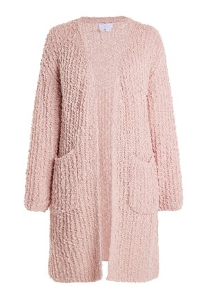Rosa gestrickte Strickjacke aus einem strukturierten, flauschigen Material. Mit offenem Vorderteil, langen Ärmeln und zwei vorderen Taschen.