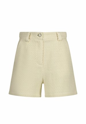 Crème-kleurige shorts van gestructureerde stof met een subtiel patroon, voorzien van een sluiting met een knoop aan de voorkant en zijzakken.