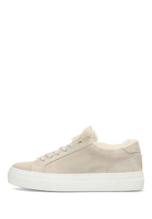 Beige suede sneakers with a white rubber sole, featuring a fluffy collar, lace-up design, and subtle gold branding on the side.