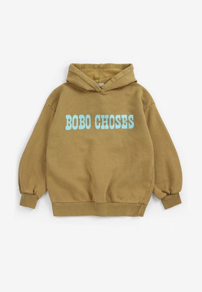 Sweat à capuche marron avec texte "BOBO CHOSES" bleu clair sur la poitrine, avec poignets et ourlet côtelés.
