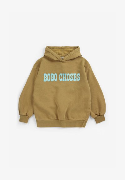 Sweat à capuche marron avec texte "BOBO CHOSES" bleu clair sur la poitrine, avec poignets et ourlet côtelés.