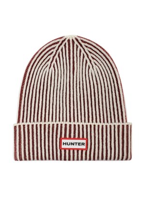 Bonnet tricoté avec des rayures verticales blanches et bordeaux, revers plié, et une étiquette rectangulaire "HUNTER" sur le revers avant.