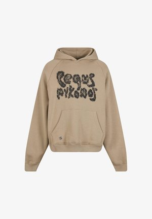 Beige hoodie with a front kangaroo pocket, raglan sleeves, and black textured graphic text design on the chest. Soft fabric texture.