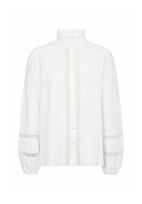 Blusa bianca con colletto alto a balze, chiusura frontale con bottoni e bordo in pizzo lungo il centro e le maniche. Maniche ampie con polsini arricciati.