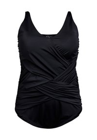 Maillot de bain une pièce noir en tissu lisse avec un décolleté en V, des détails de tissu froncé et une silhouette ajustée.