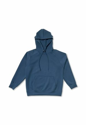 Tumesinises toonis kapuutsiga dressipluus esitasku, nööriga ja soonikkärgedega. Valmistatud pehmest, tekstuurse kangaga, raglaanvarrukatega.