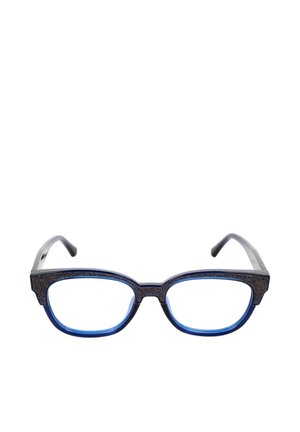 Occhiali rettangolari con montature inferiori blu e montature superiori e astine nere con texture, mostrati frontalmente su sfondo bianco.