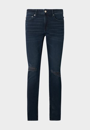 Mørkeblå slim-fit jeans med slidte detaljer på begge knæ og klassisk fem-lommer design.