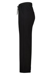 Zwarte joggingbroek met een elastische tailleband, zijzakken en een rechte pasvorm. Zacht materiaal met een gladde textuur, geschikt voor casual kleding.