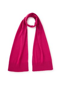 Écharpe rose tricotée avec une texture lisse, dotée d'extrémités côtelées et d'un design long et élancé pour une polyvalence dans le style et la chaleur.
