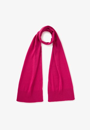 Écharpe rose tricotée avec une texture lisse, dotée d'extrémités côtelées et d'un design long et élancé pour une polyvalence dans le style et la chaleur.